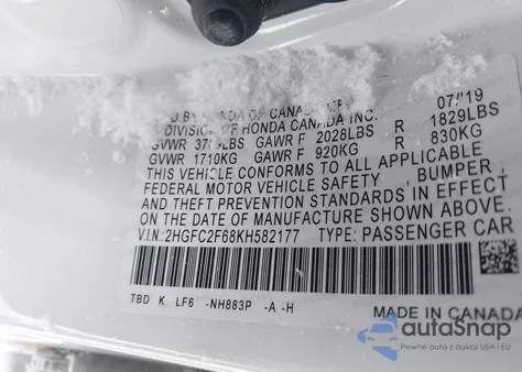 2019 Honda Civic Lx из США, поврежденный, VIN 2HGFC2F68KH582177